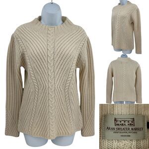 Aran Sweater Market Merino Wool Funnel (Mock) Neck Ribbed Cable Knit Sweater